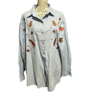 Mystic Blues Top Shirt Plus Size 22W Blue Long Sleeve Maple Leaves Acorns Womens